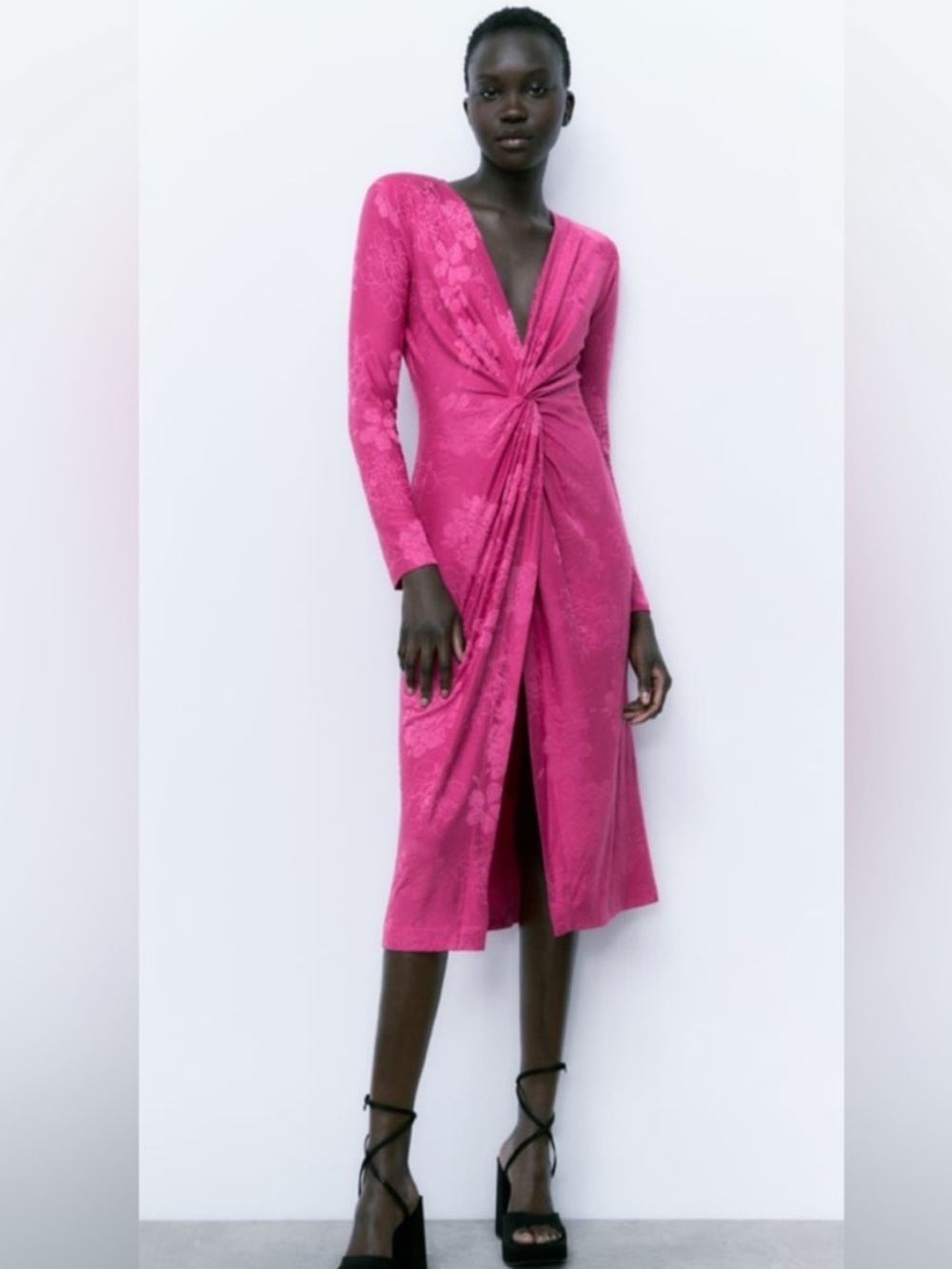 Zara Pink Knot-Front Jacquard Midi Dress